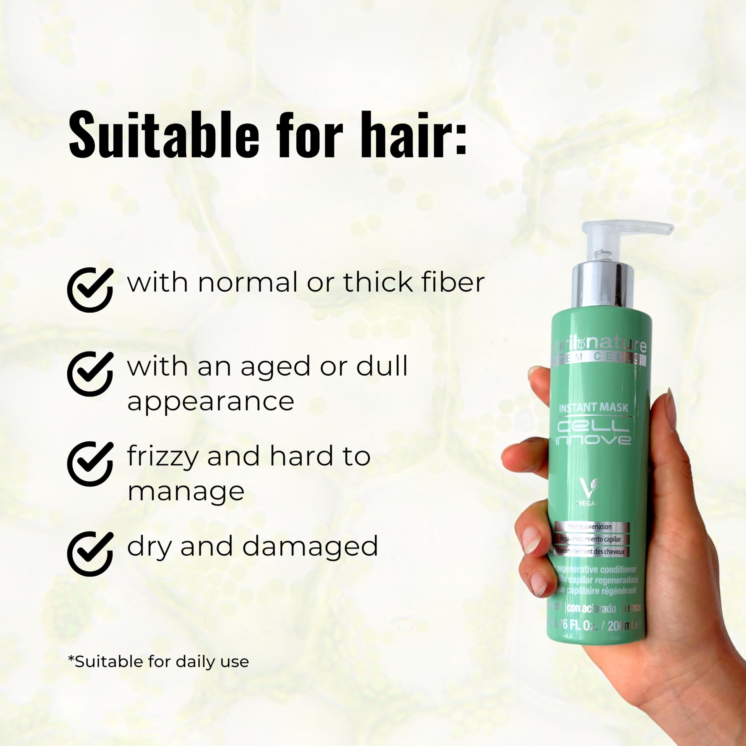 abril et nature Cell Innove bottle beside smooth, shiny hair goal.