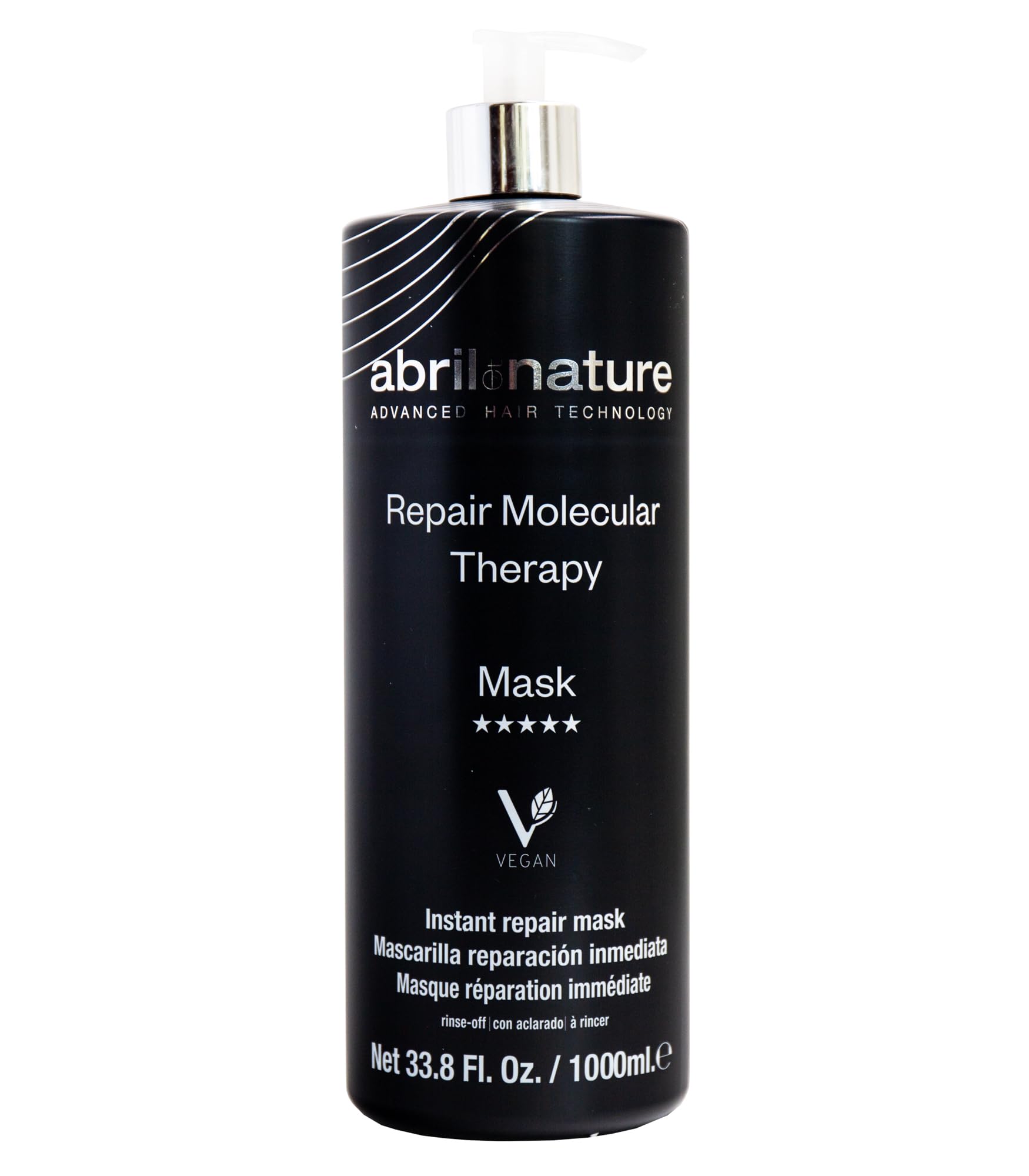 abril et nature Molecular Therapy bottle shows vegan hair repair for damaged strands.