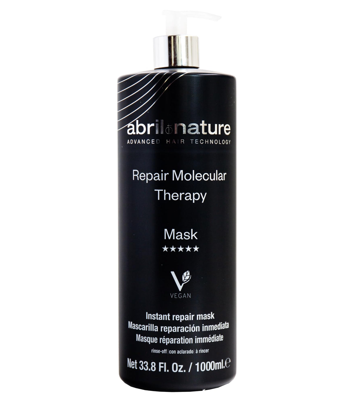 abril et nature Molecular Therapy bottle shows vegan hair repair for damaged strands.