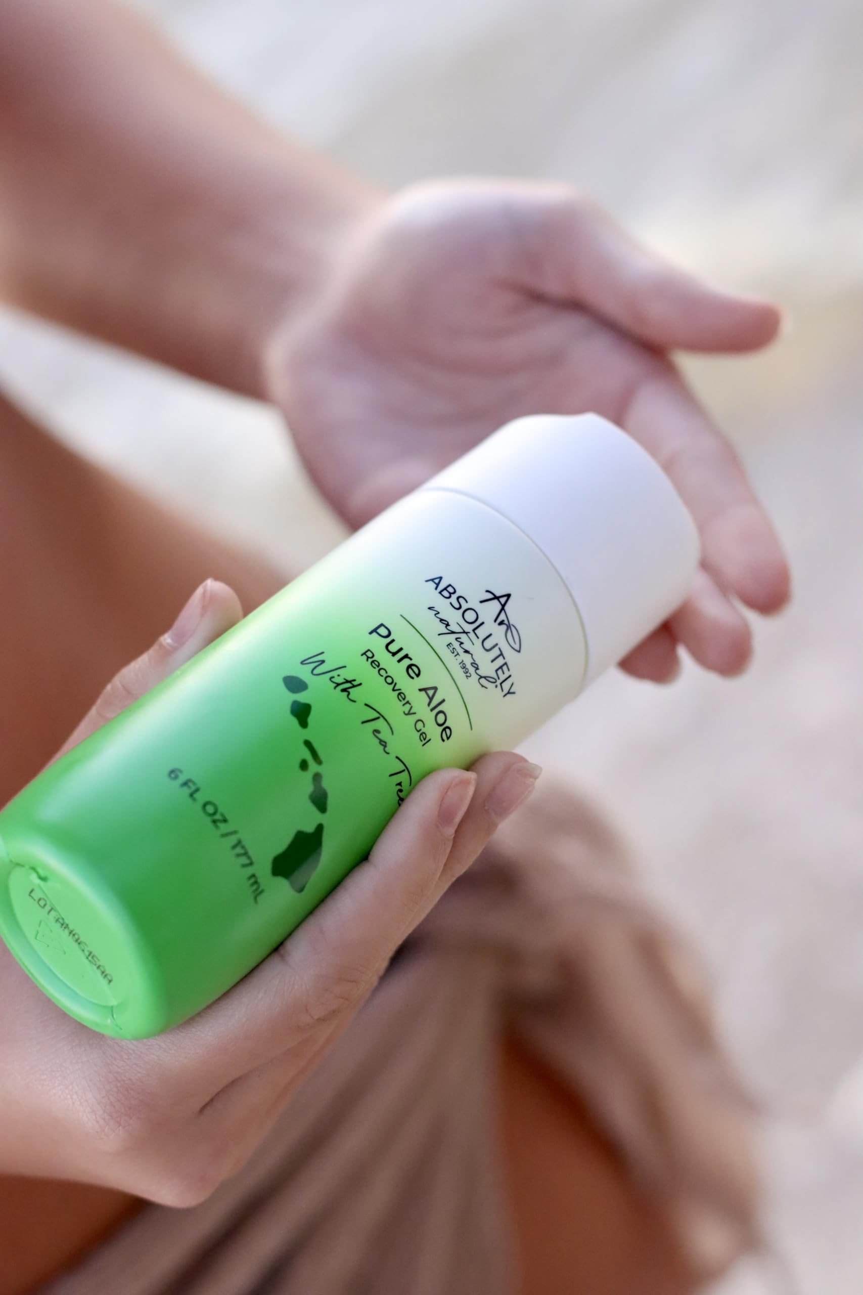 Absolutely Natural Aloe Vera Gel label closeup with vitamin E and eucalyptus.