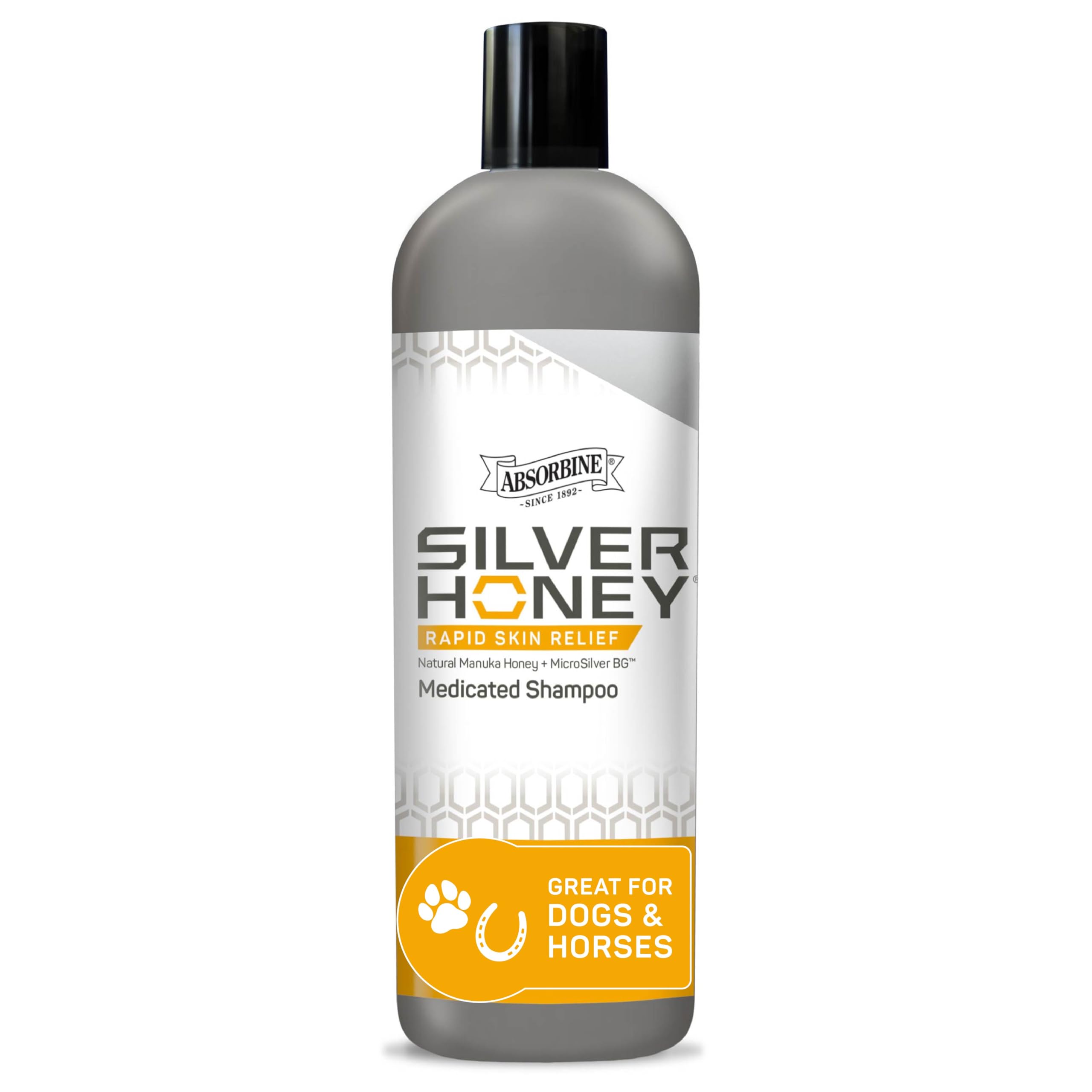 Absorbine Silver Honey Rapid Skin Relief Shampoo bottle showing medicated formula for irritated skin