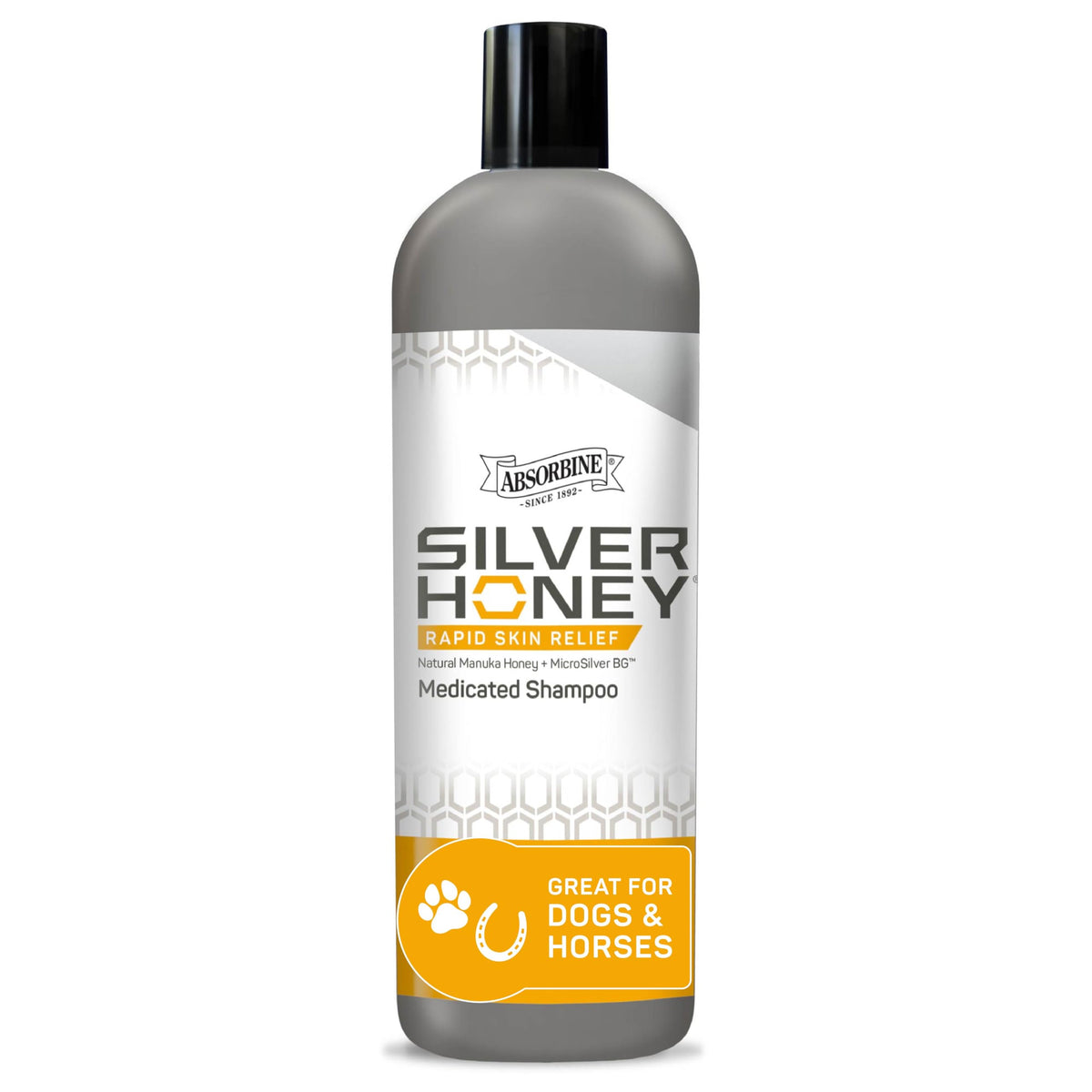 Absorbine Silver Honey Rapid Skin Relief Shampoo bottle showing medicated formula for irritated skin