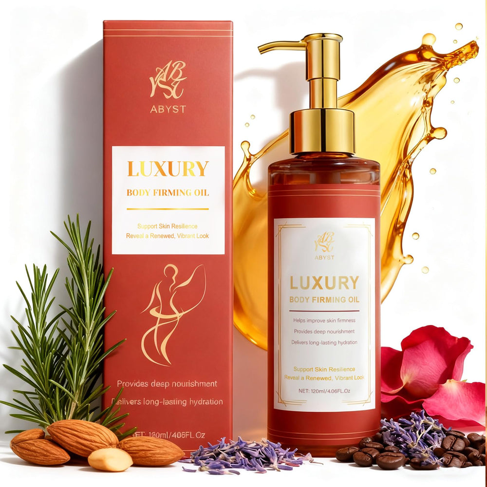 ABYST Body Firming Oil bottle close-up showing premium packaging and daily hydration