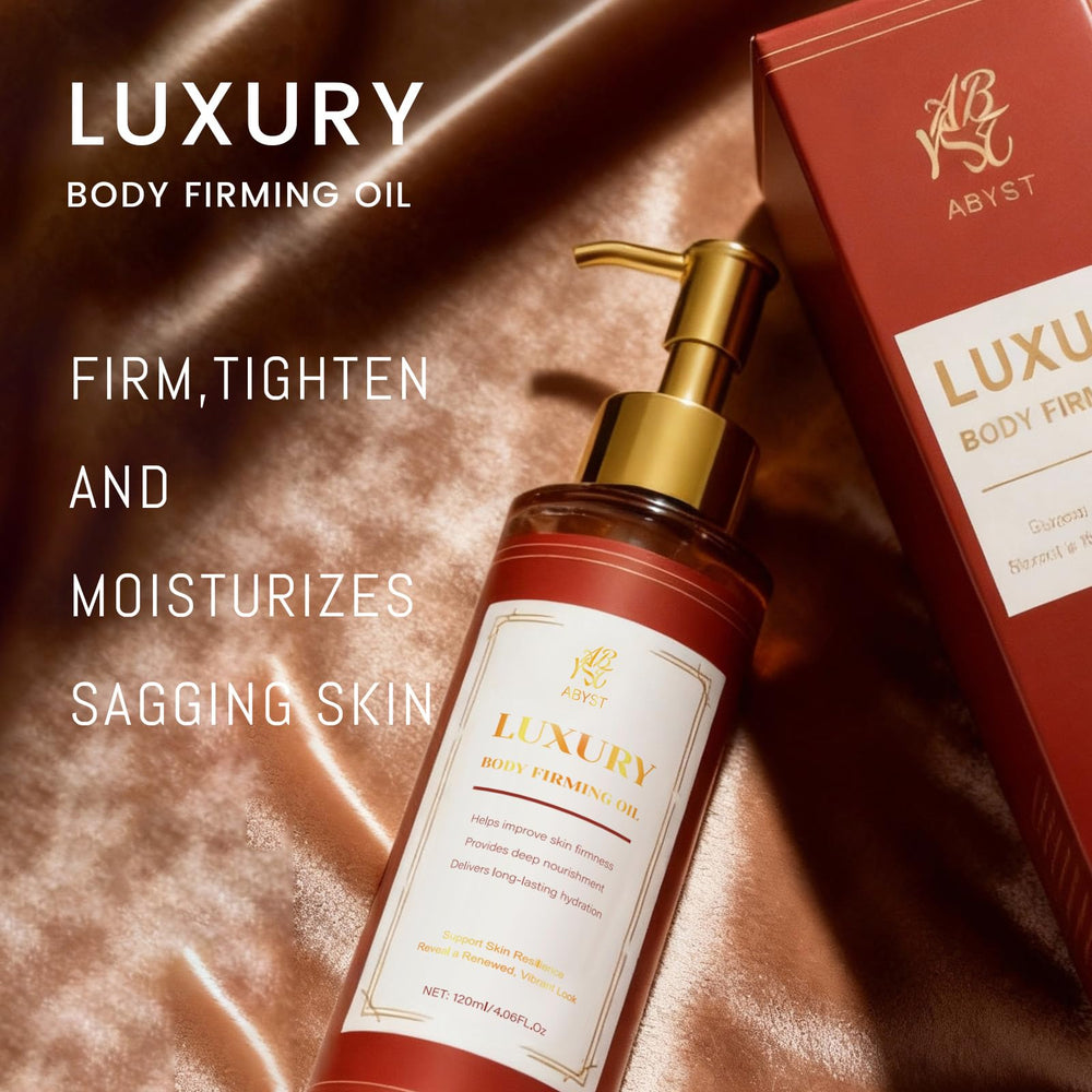 ABYST Body Firming Oil box and bottle scene suggests daily luxury skincare ritual