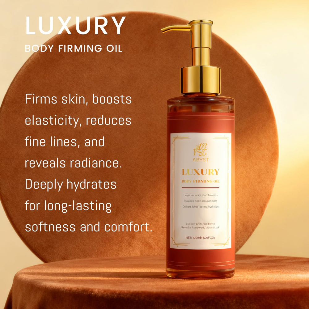 ABYST Body Firming Oil packaging and display conveys premium care