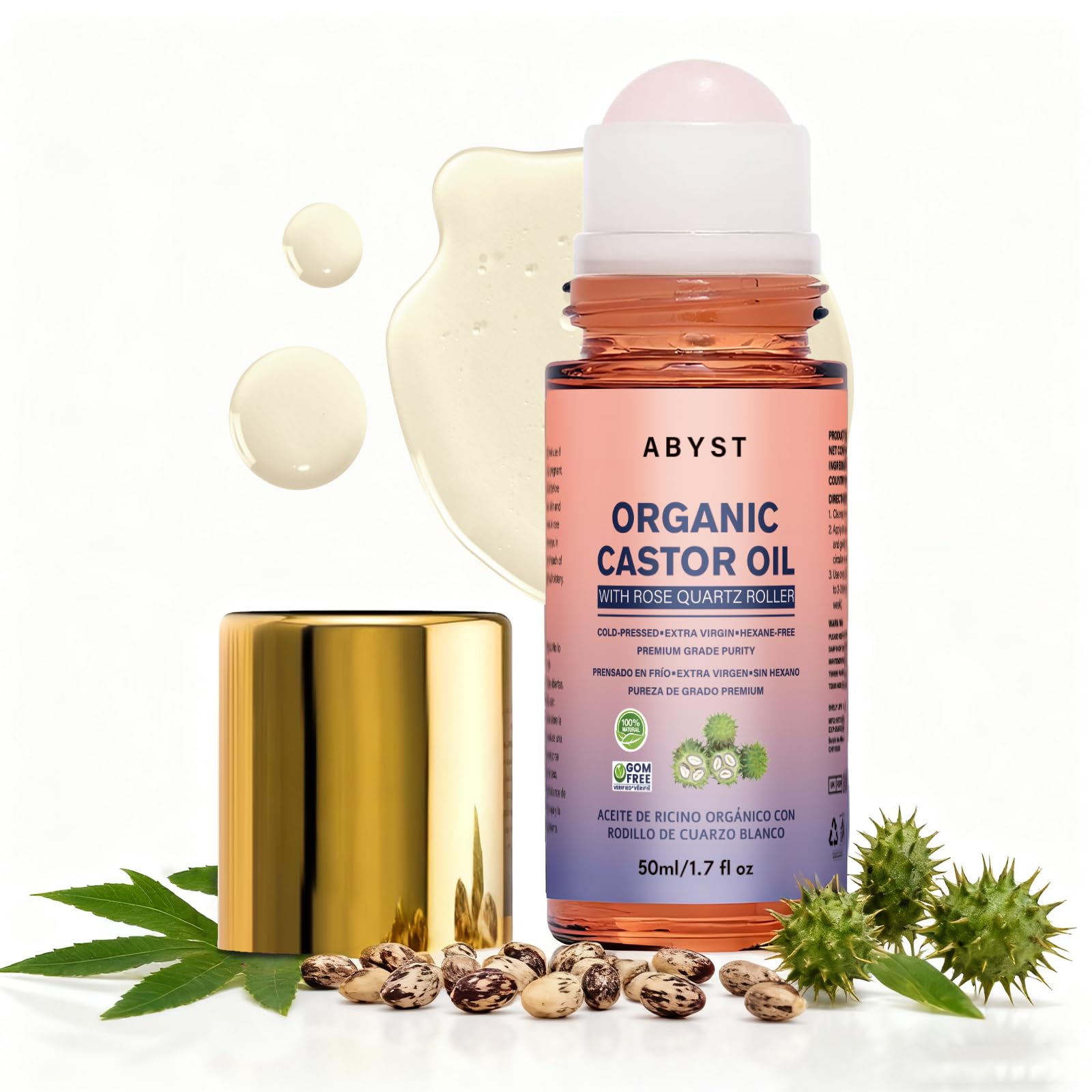 ABYST organic castor oil roll-on bottle for mess-free application.
