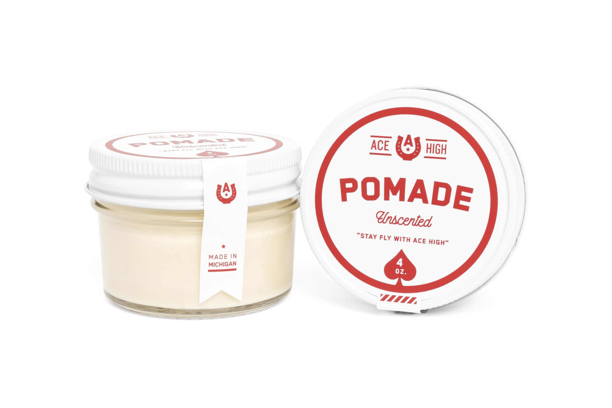 Ace High Unscented Pomade bottle close-up highlighting water-based washout.