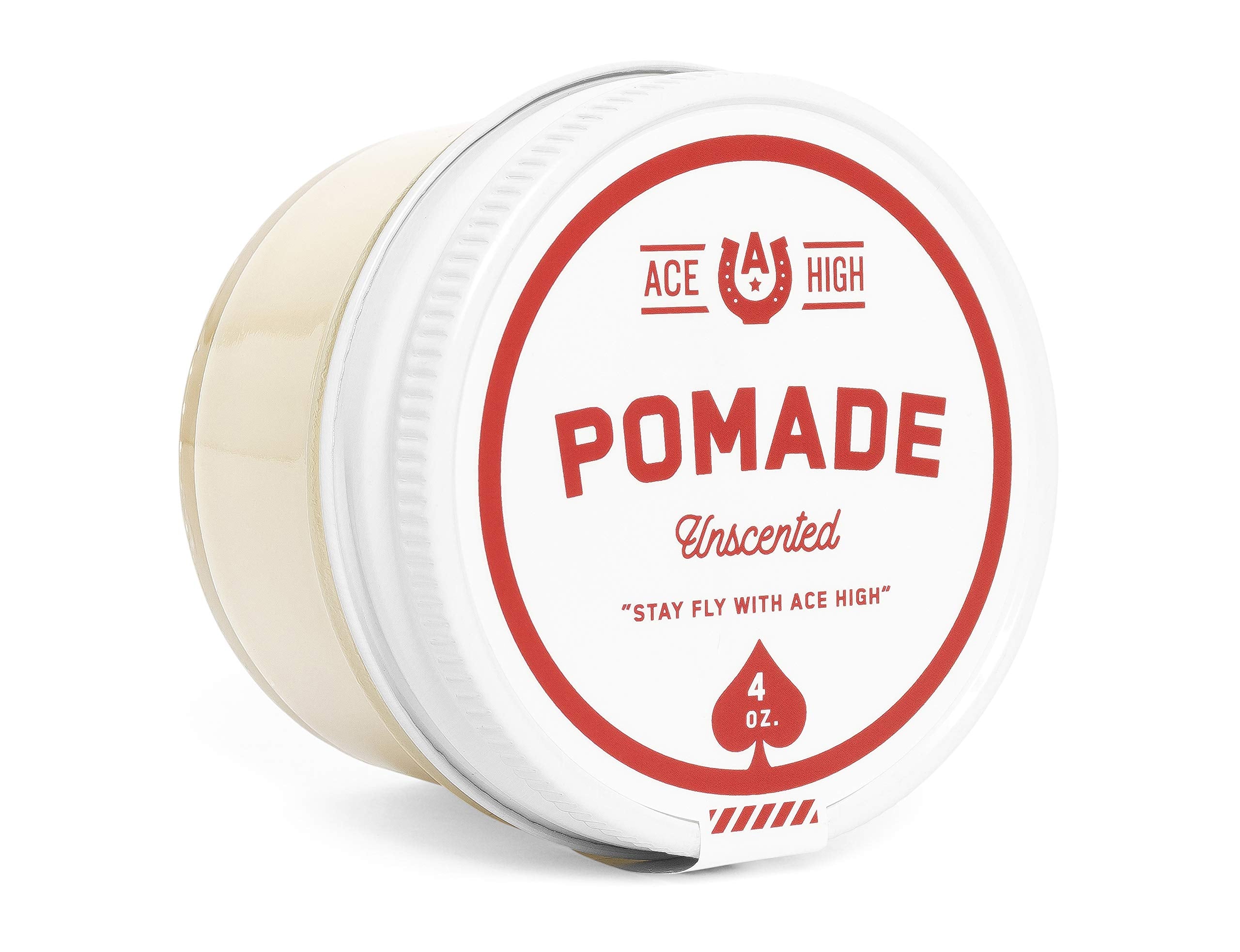 Ace High Unscented Pomade jar front view showing strong hold and natural shine.