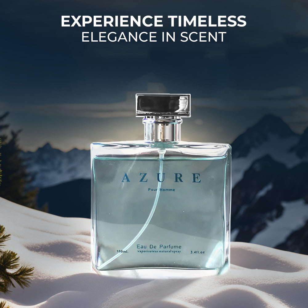 A CENTER Azure Pour Homme spray mist in action, ideal for confident evening occasions.