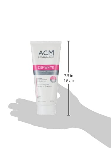 Creamy swirl of ACM Depiwhite body milk on skin for rich hydration.