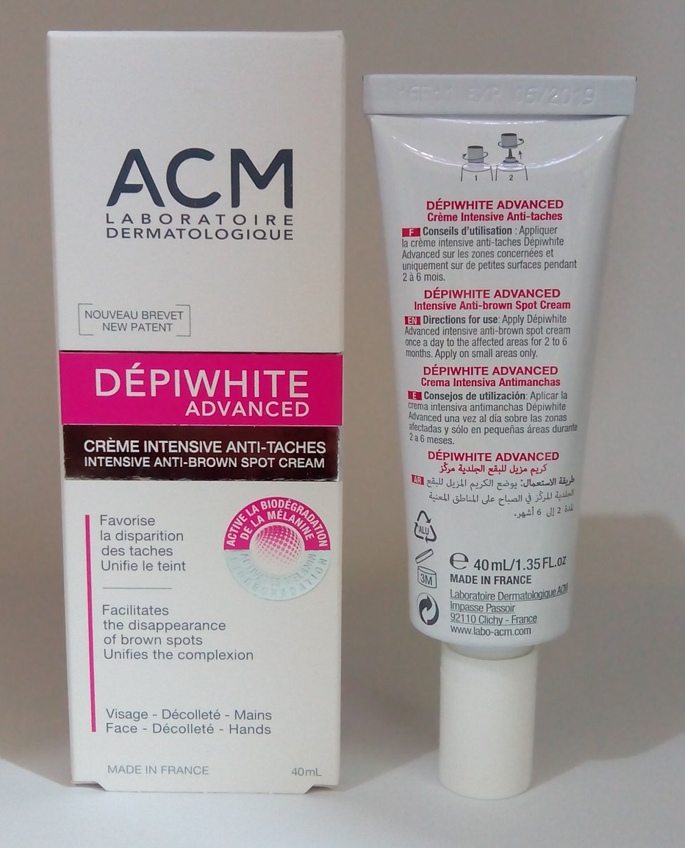 ACM Depiwhite packaging highlights premium skincare branding and protection