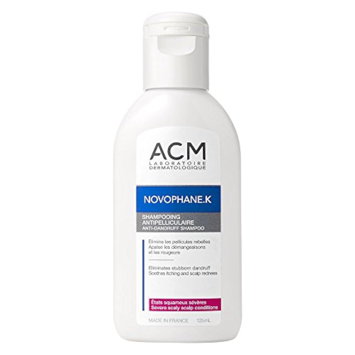 ACM Novophane K anti-dandruff shampoo bottle promotes scalp balance and comfort.