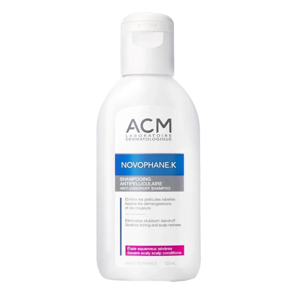 ACM Novophane.K shampoo bottle shows anti-dandruff formula for scalp care