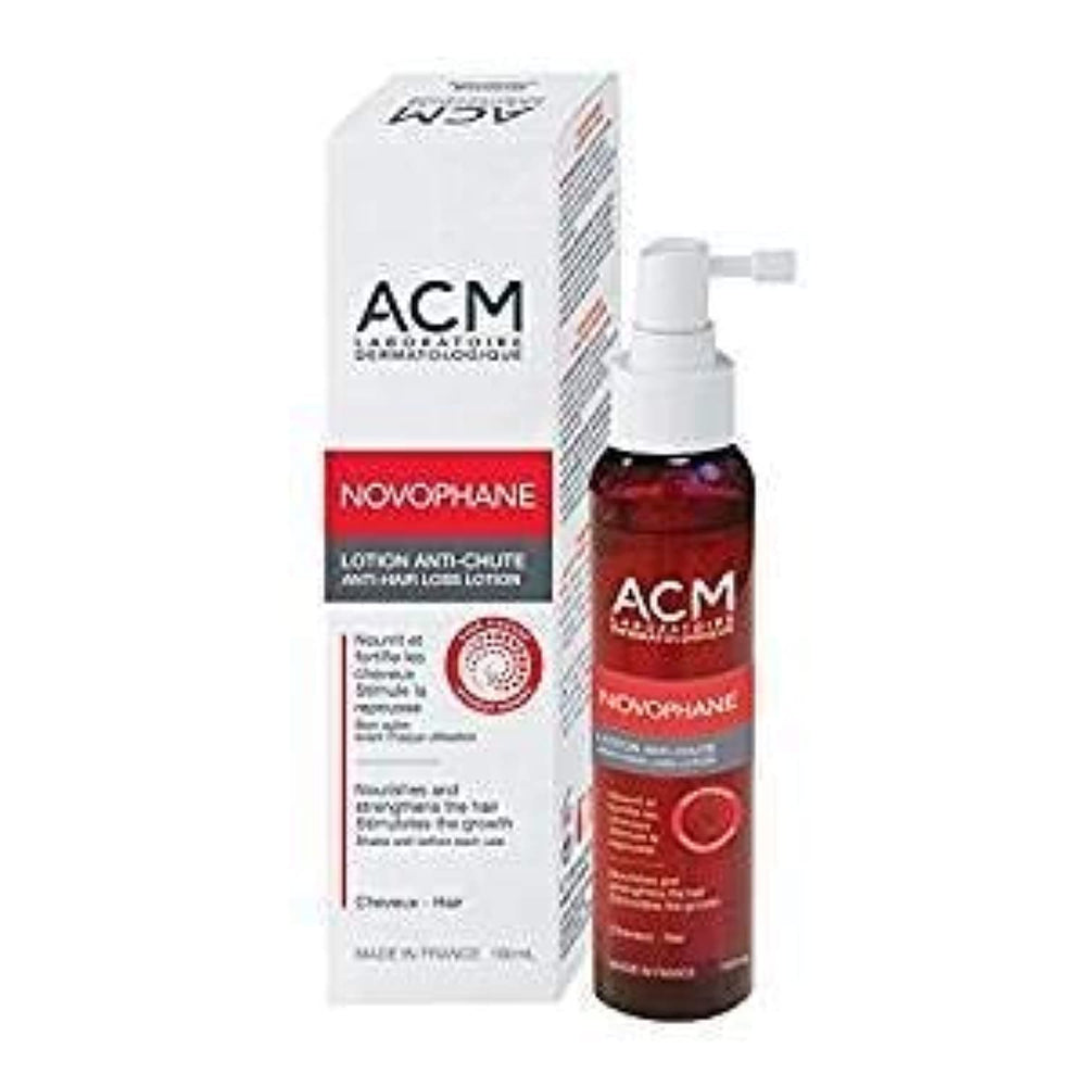 ACM Novophane lotion bottle 100ml showcasing biotin-rich formula for daily scalp care.