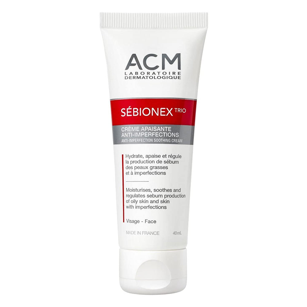 ACM Sebionex Trio cream tube front view for easy recognition and oil-control base