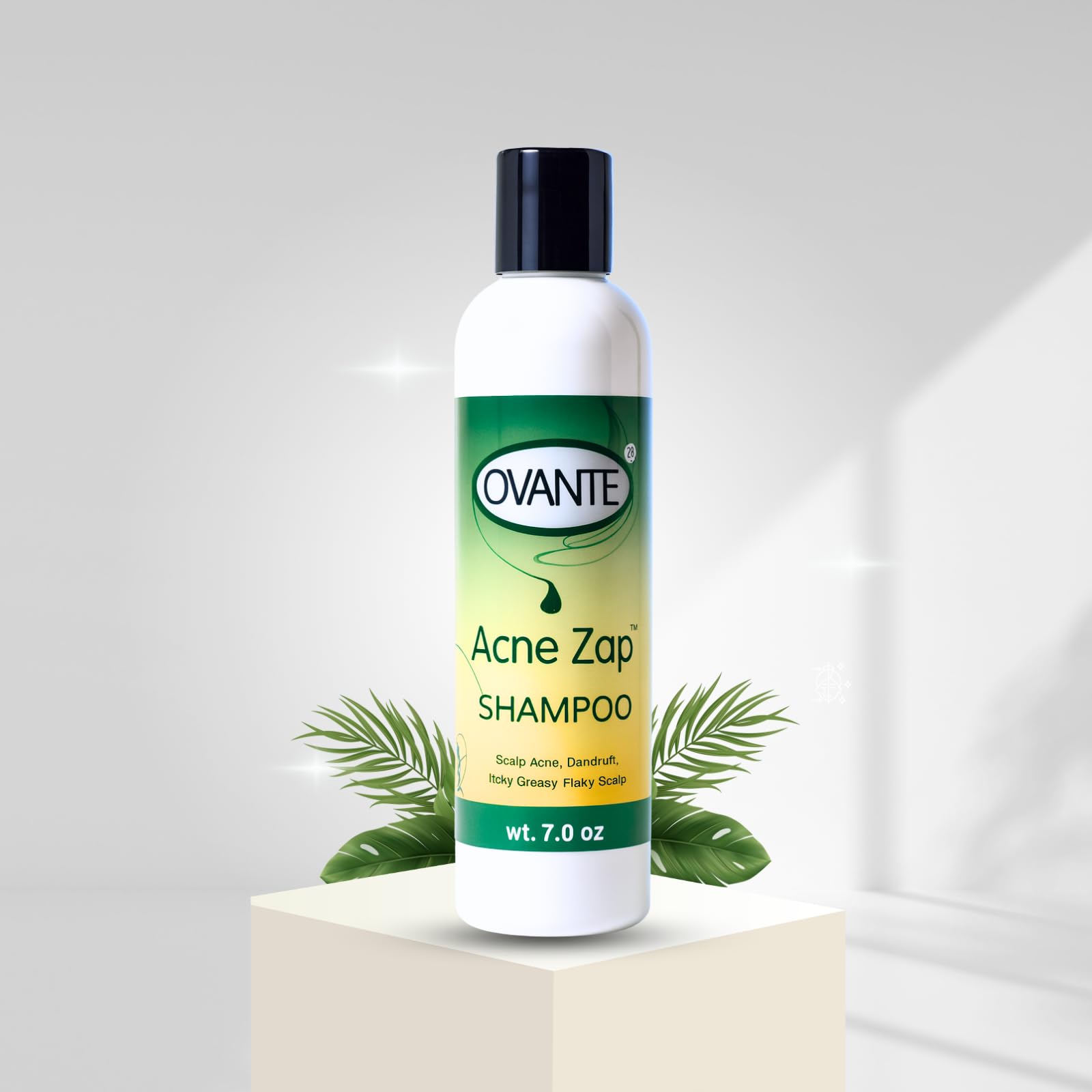 Acne Zap shampoo label closeup highlights natural formula and USA-made quality.