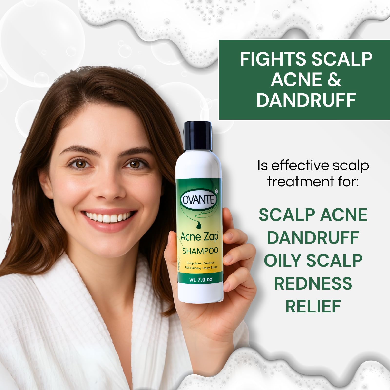 Acne Zap shampoo scalp application illustrates soothing wash for itchy scalp.
