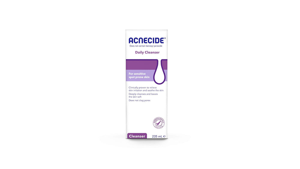 Acnecide Daily Cleanser bottle front, clean design for sensitive, spot-prone skin.