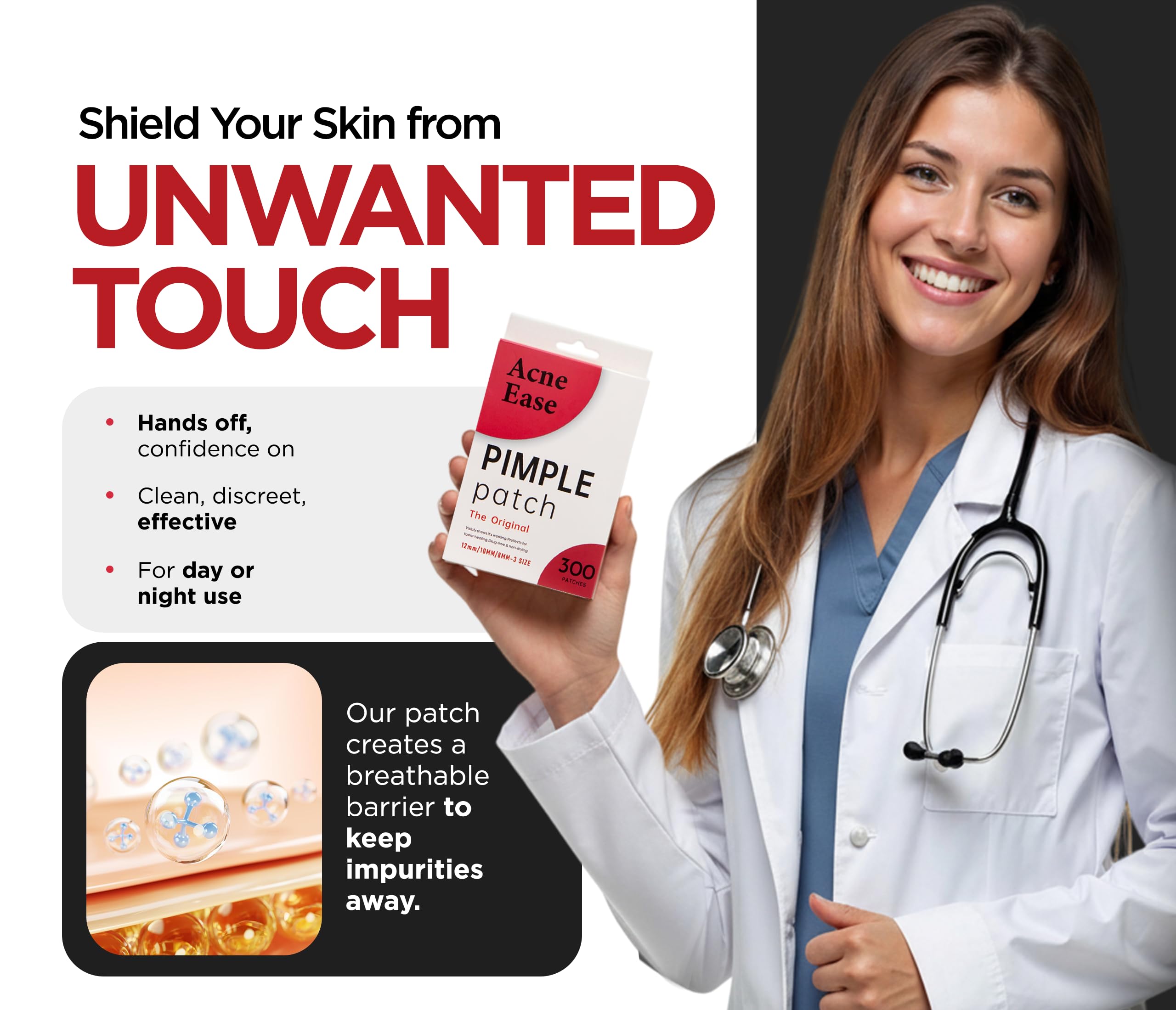 AcneEase water-resistant, breathable patches ideal for all-day wear.