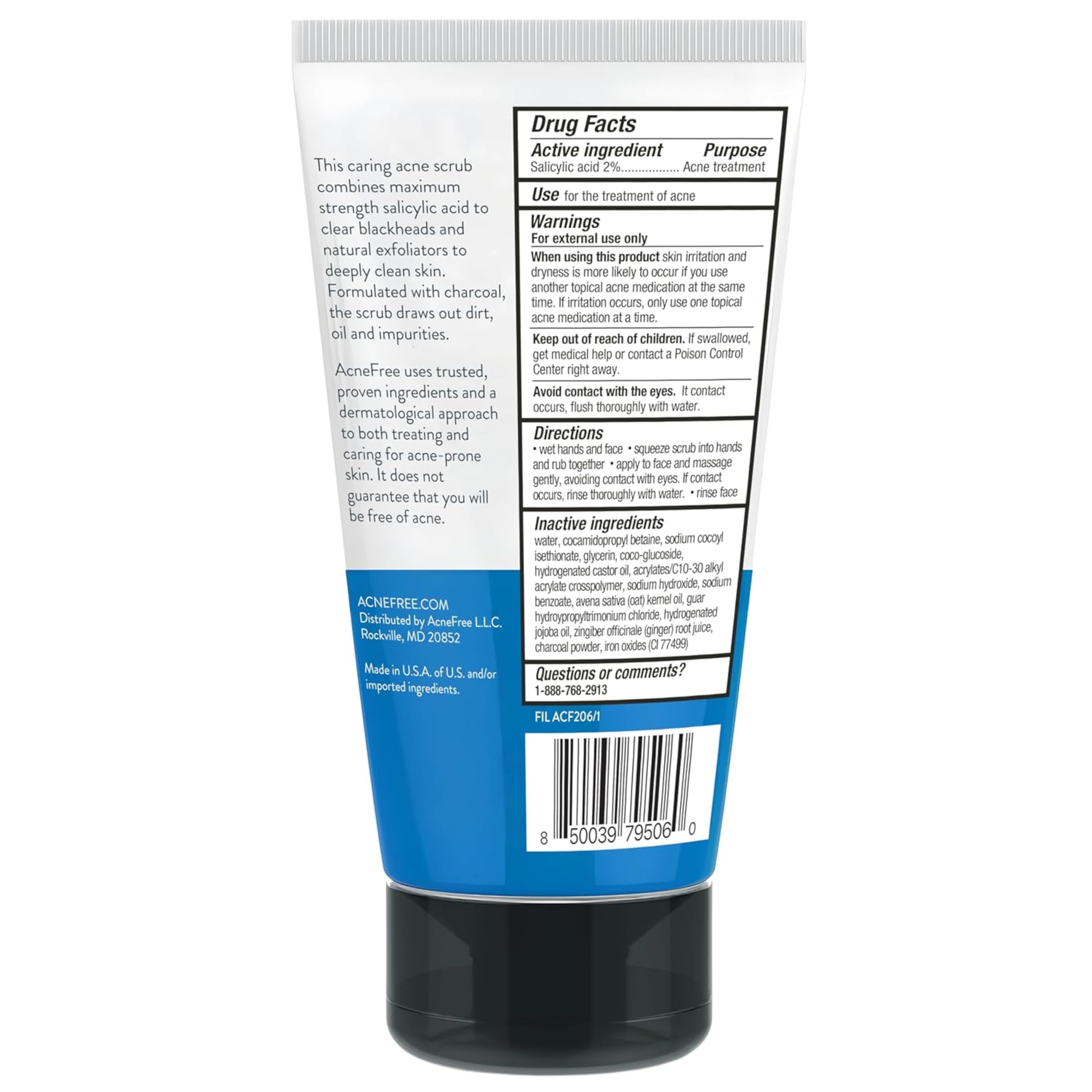 AcneFree face application scene shows simple scrub use on nose and cheeks.