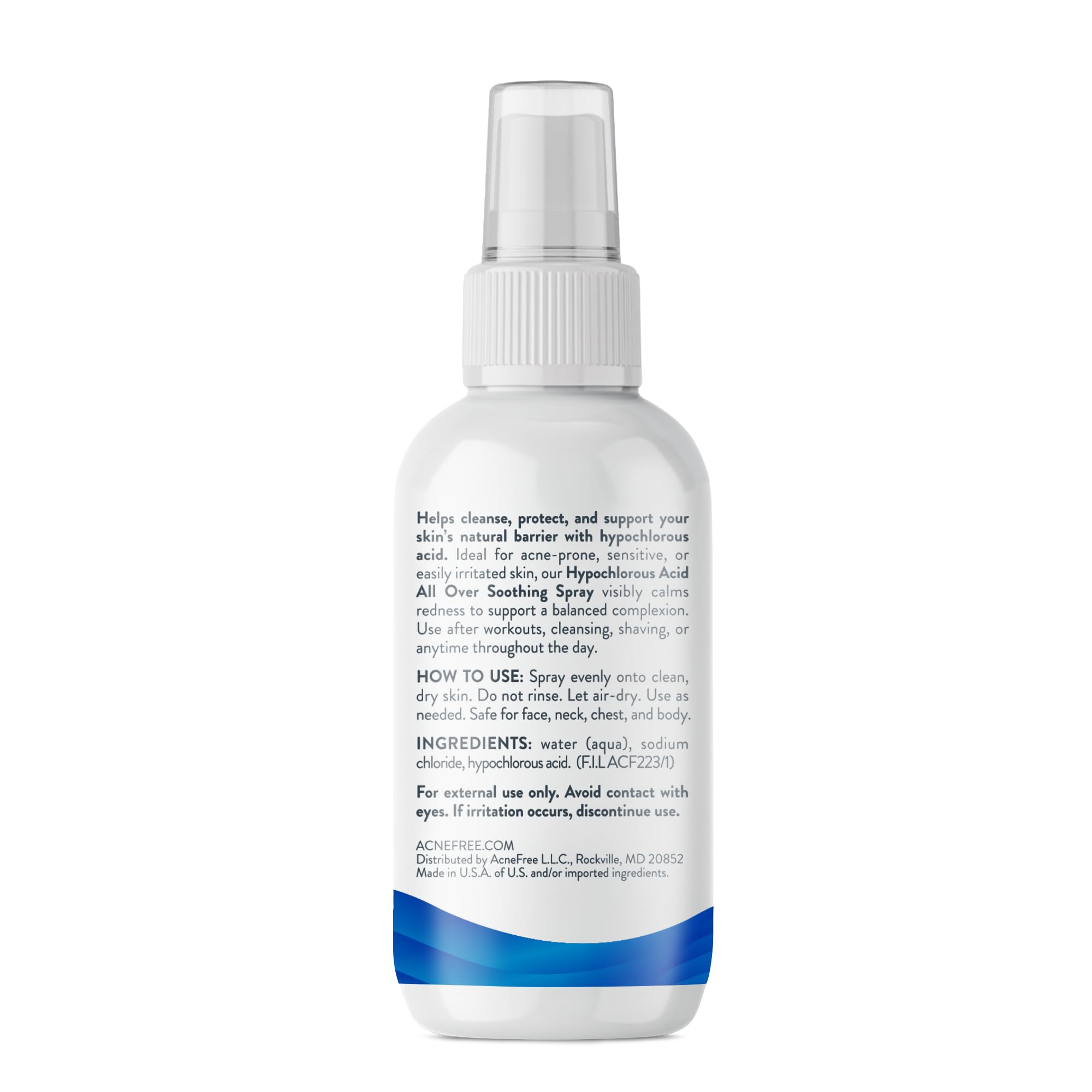 AcneFree fragrance-free label highlighting dermatologist-inspired gentle formula.