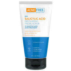 AcneFree salicylic exfoliating scrub tube front for clear pores and daily cleansing.