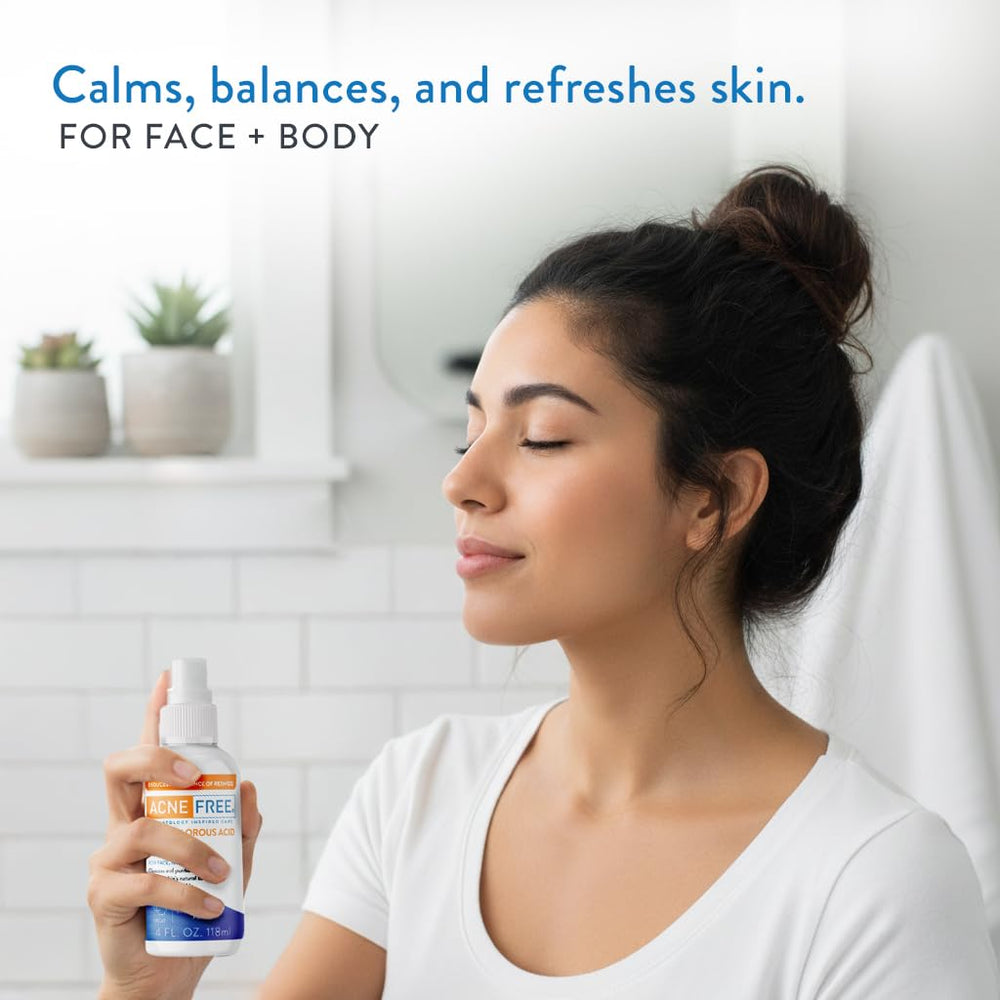 AcneFree bottle and mist on skin showing lightweight hydration balance.