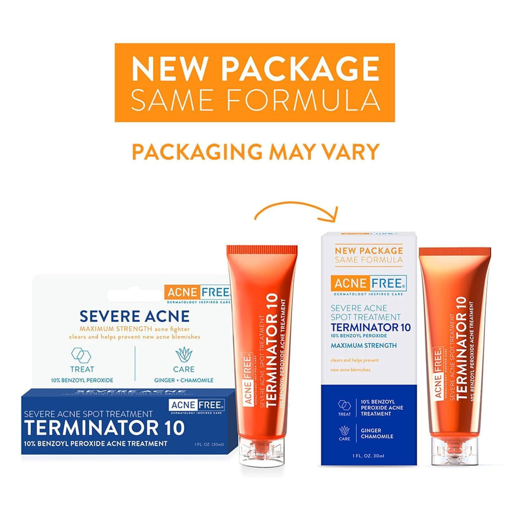 AcneFree Terminator10 benzoyl peroxide 10% on a zit for focused care