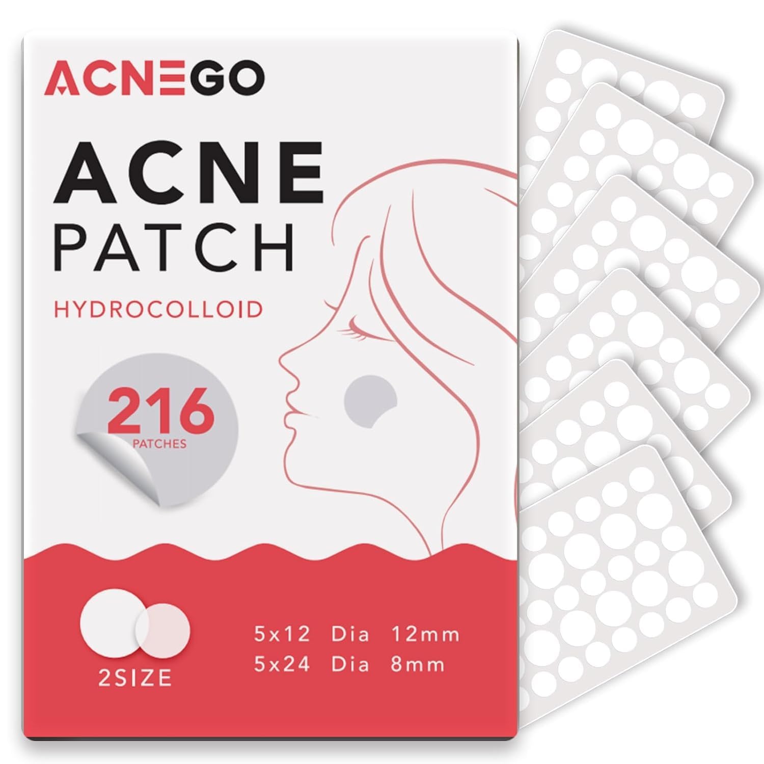 AcneGo 216-count pimple patches on display, discreet facial protection.