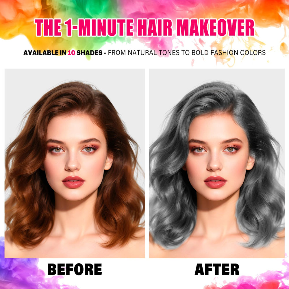 Acomler Gray Hair Spray being shaken and sprayed from 15 cm for even coverage.