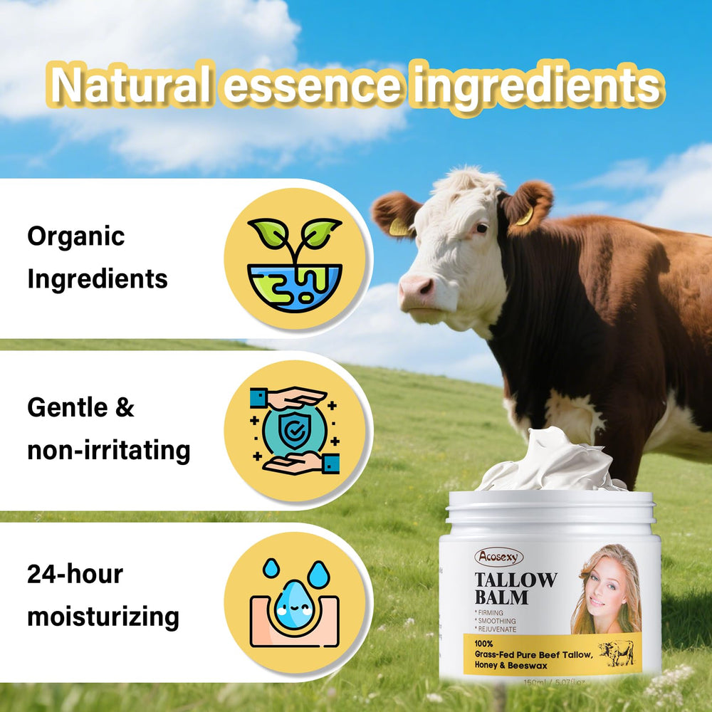 Acosexy honey-infused beef tallow balm open tub on wooden surface