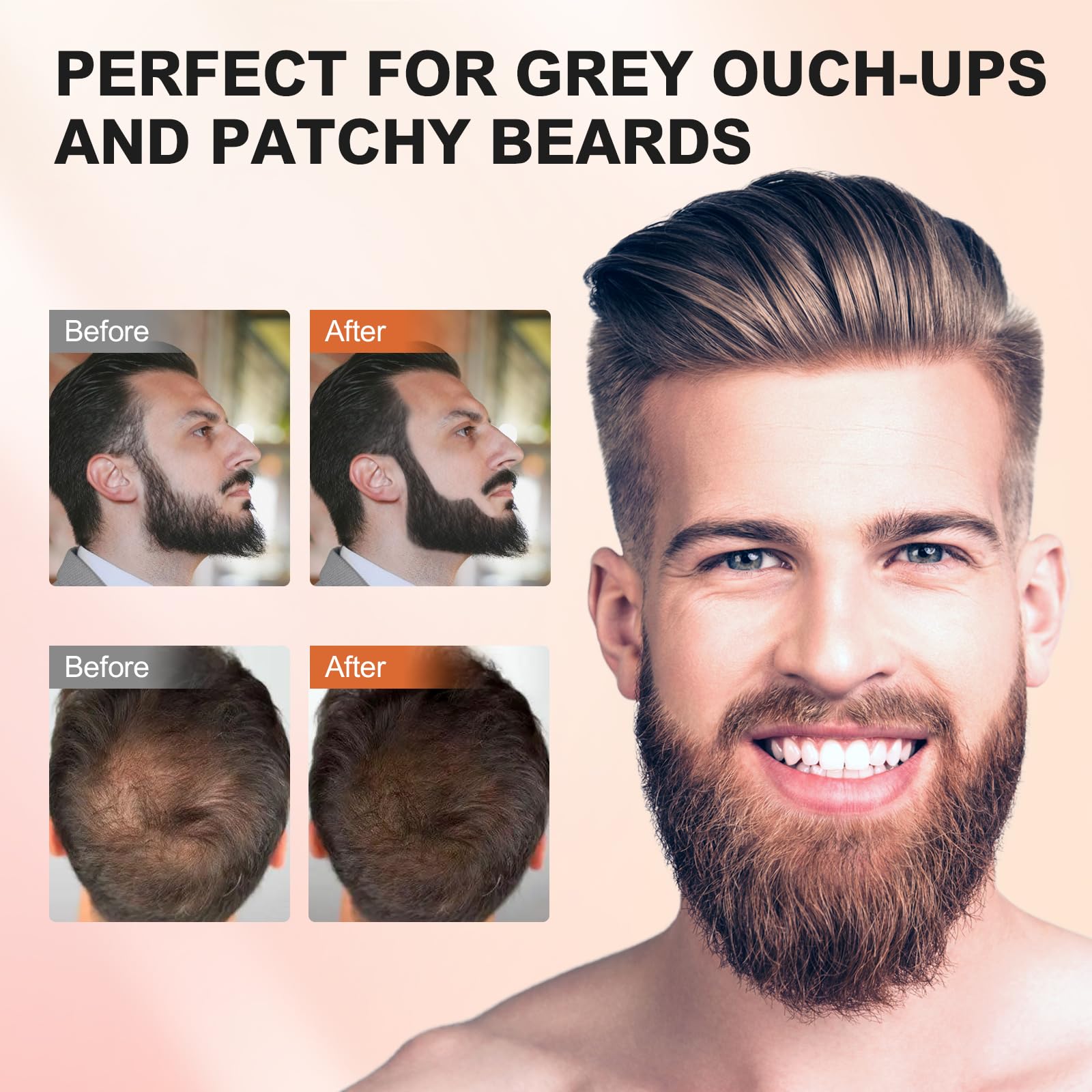 Acosexy powder used on eyebrows and beard for quick, even coverage.
