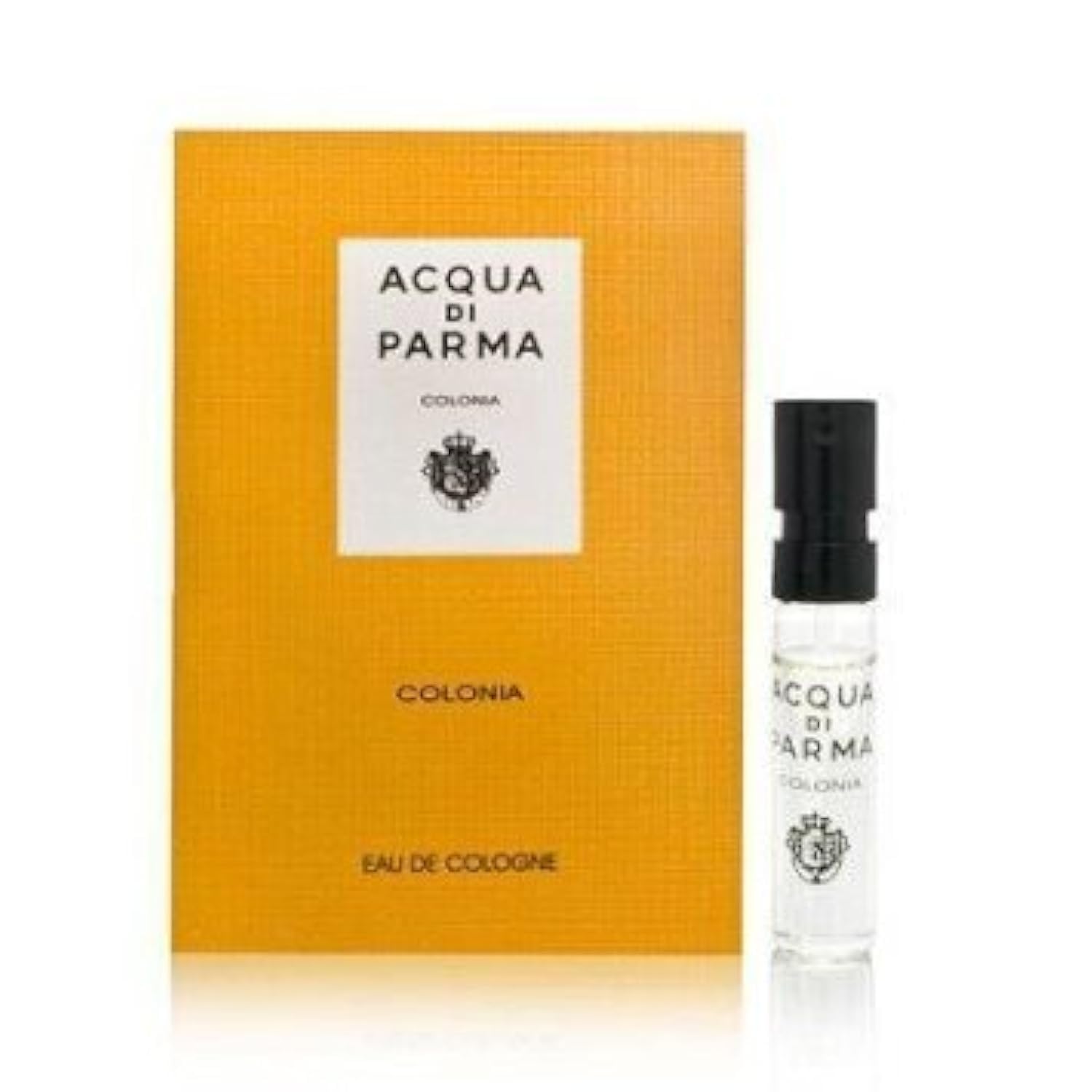 Acqua Di Parma Colonia sample bottle close-up, travel-friendly tester for scent exploration.