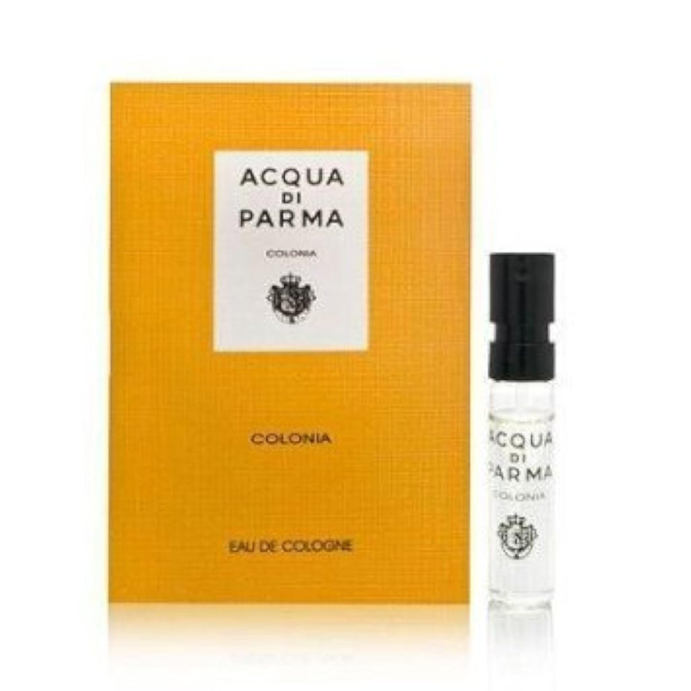 Acqua Di Parma Colonia sample bottle close-up, travel-friendly tester for scent exploration.