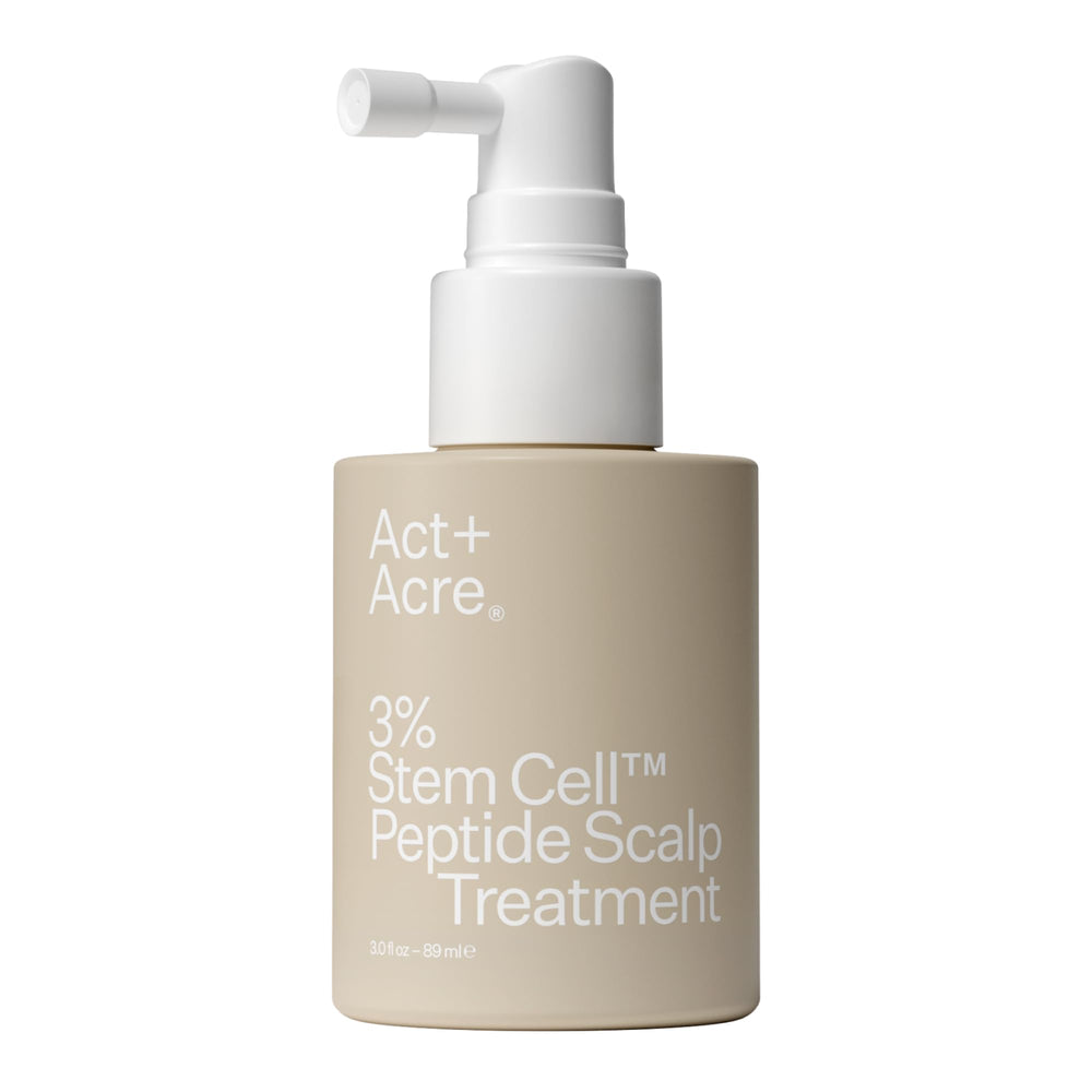 ACT+ACRE bottle on white background shows vegan, fragrance-free formula for scalp balance.