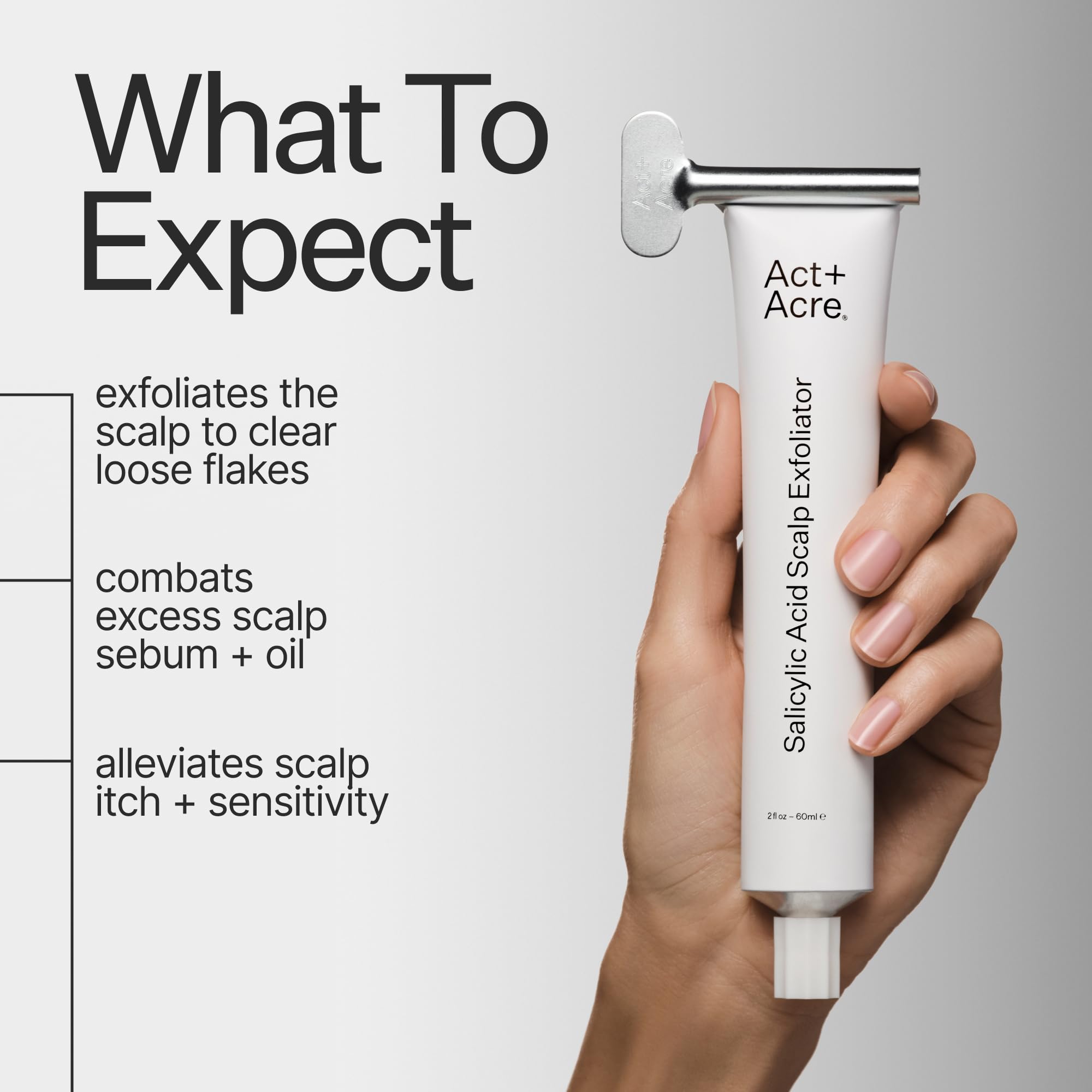 ACT+ACRE exfoliator bottle close-up emphasizes oil and flakes control.