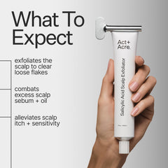 ACT+ACRE exfoliator bottle close-up emphasizes oil and flakes control.