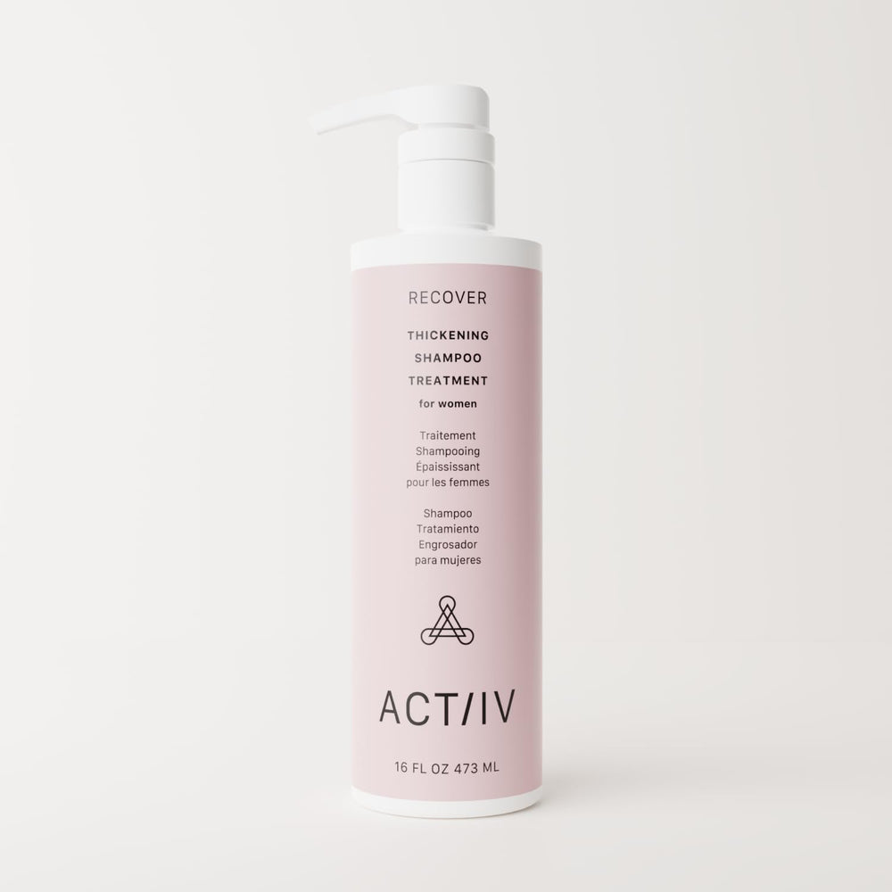 ACTIIV Recover label closeup highlights plant-based, color-safe formula for all hair types.