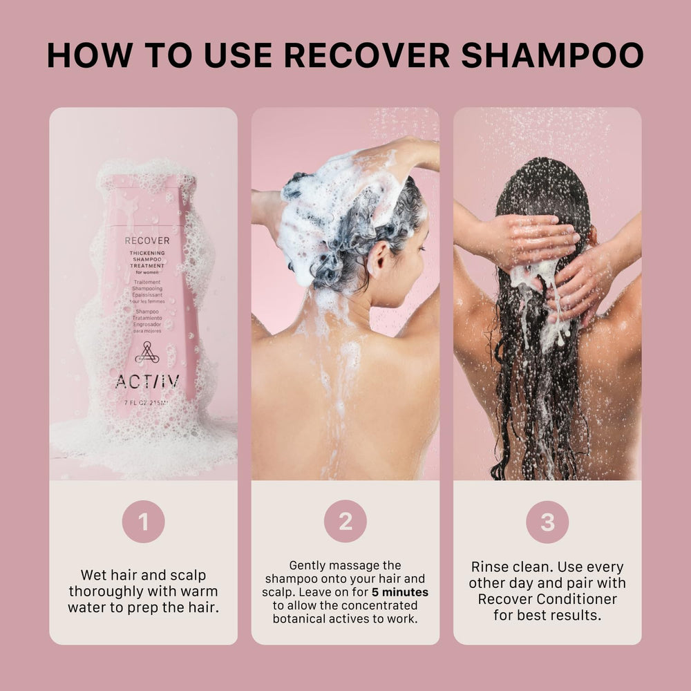 ACTIIV Recover foam lather on hair strands for cleansing.