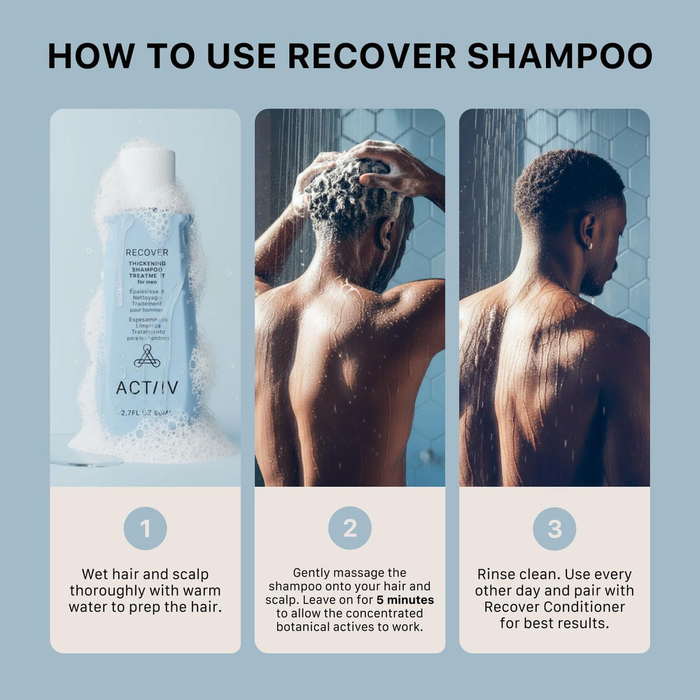 ACTIIV Recover thickening shampoo label close-up highlights plant-based color-safe formula.
