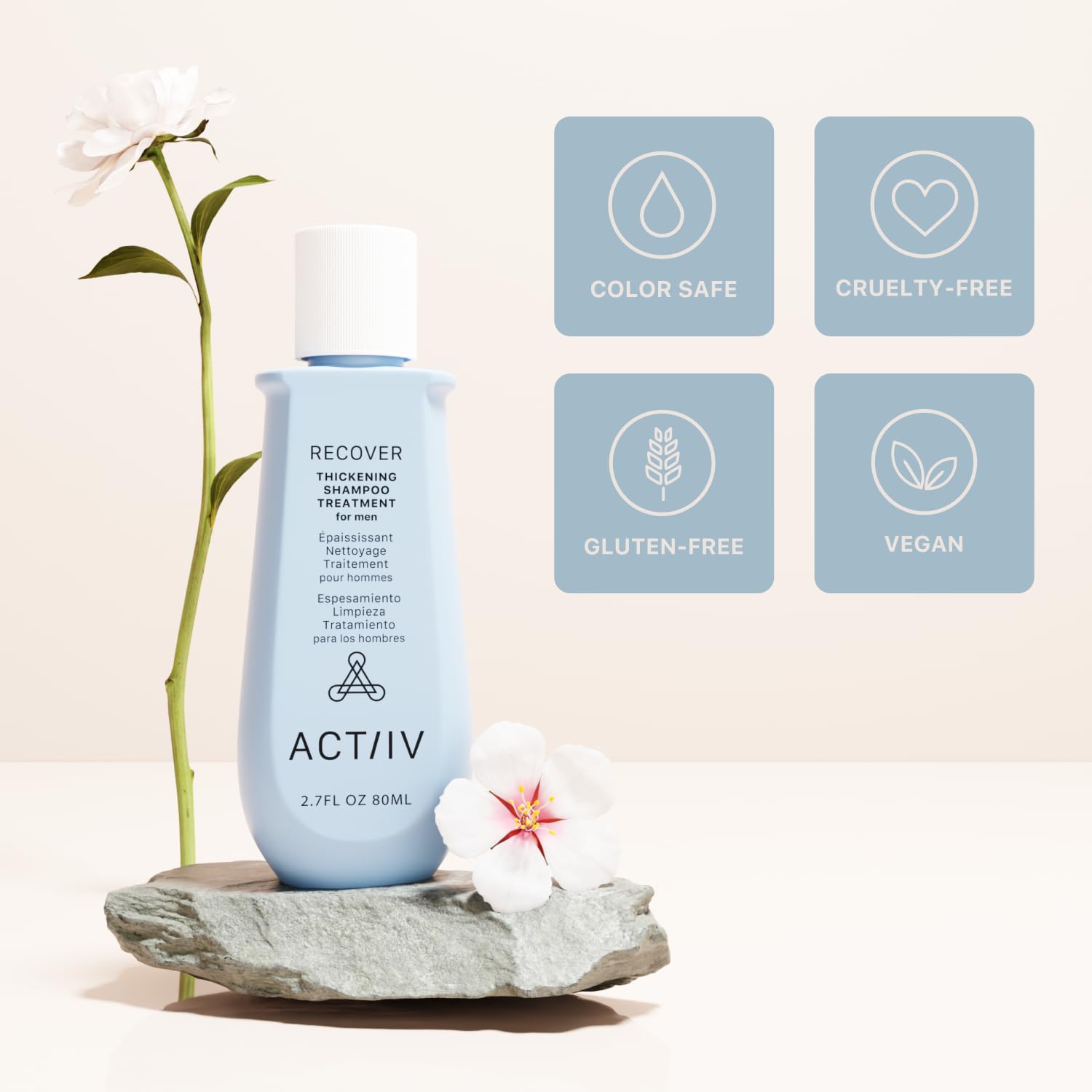 ACTIIV Recover thickening shampoo packaging demonstrates travel-friendly 80 mL size.