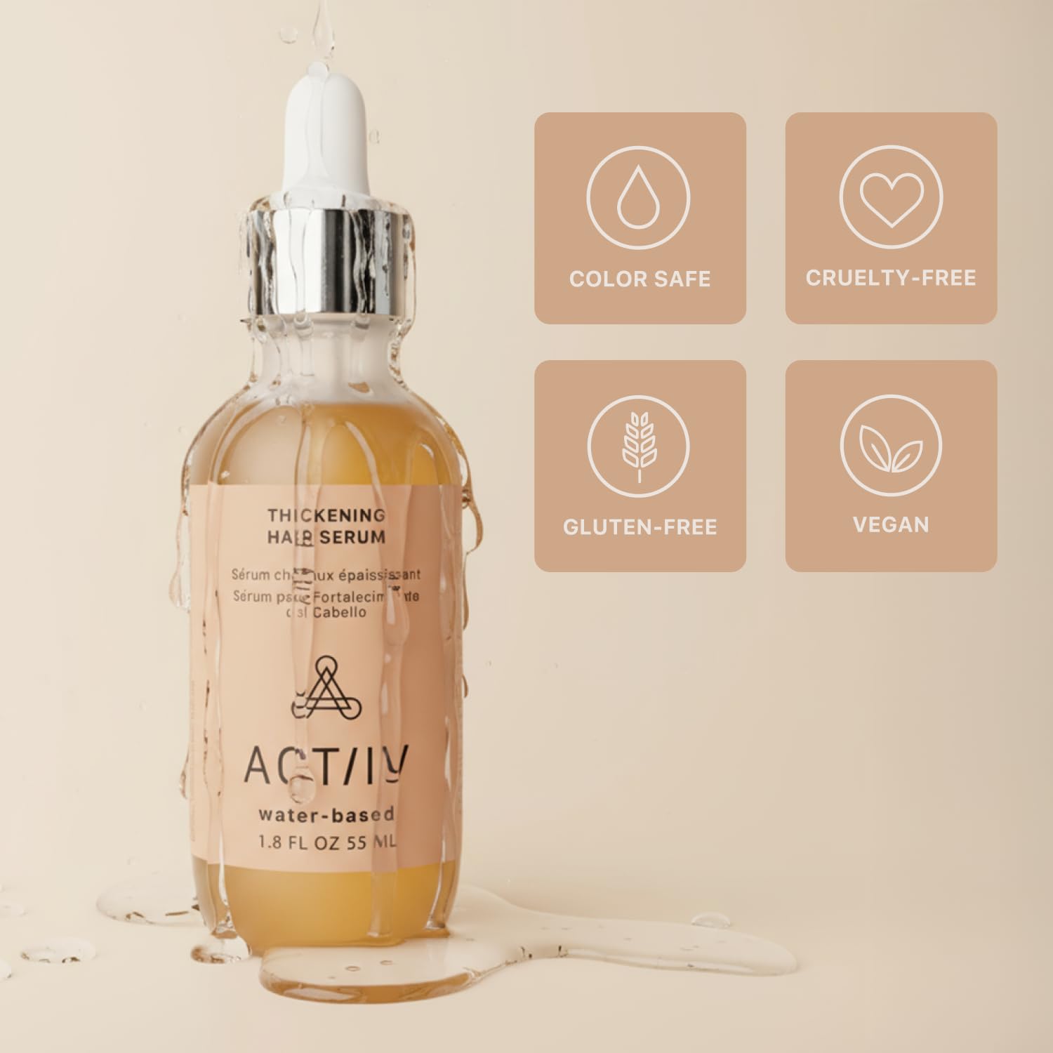 ACTIIV Thickening Hair Serum close-up reveals clear, lightweight texture.