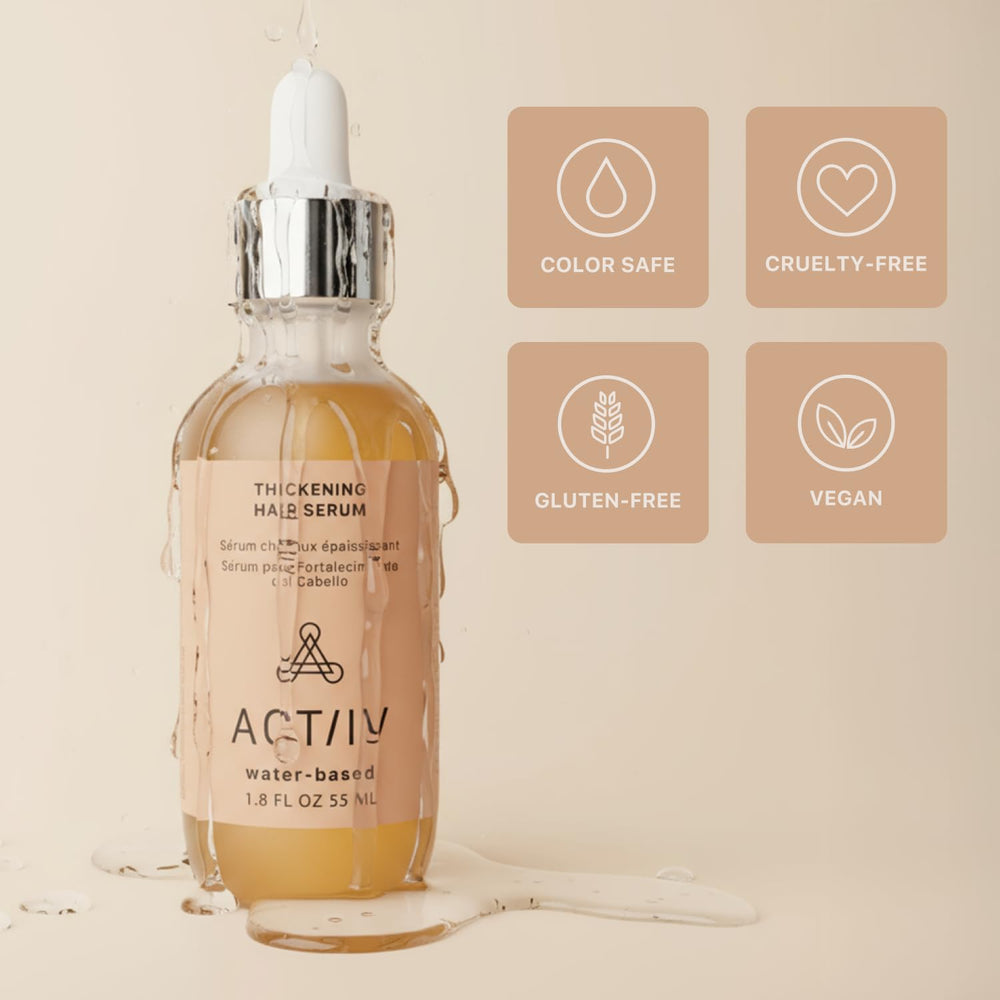 ACTIIV Thickening Hair Serum close-up reveals clear, lightweight texture.