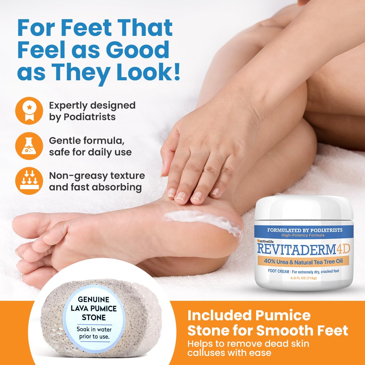 activelife Revitaderm 4D Urea Cream free pumice stone helps exfoliate while hydrating