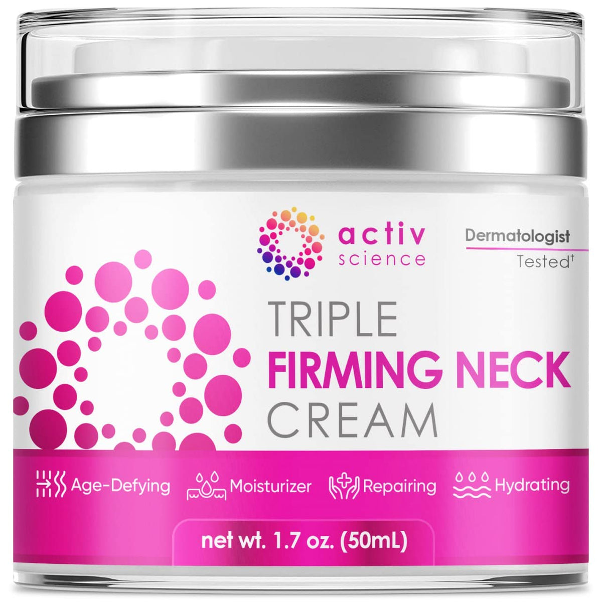 ACTIVSCIENCE neck firming cream bottle showing premium packaging and hydration.