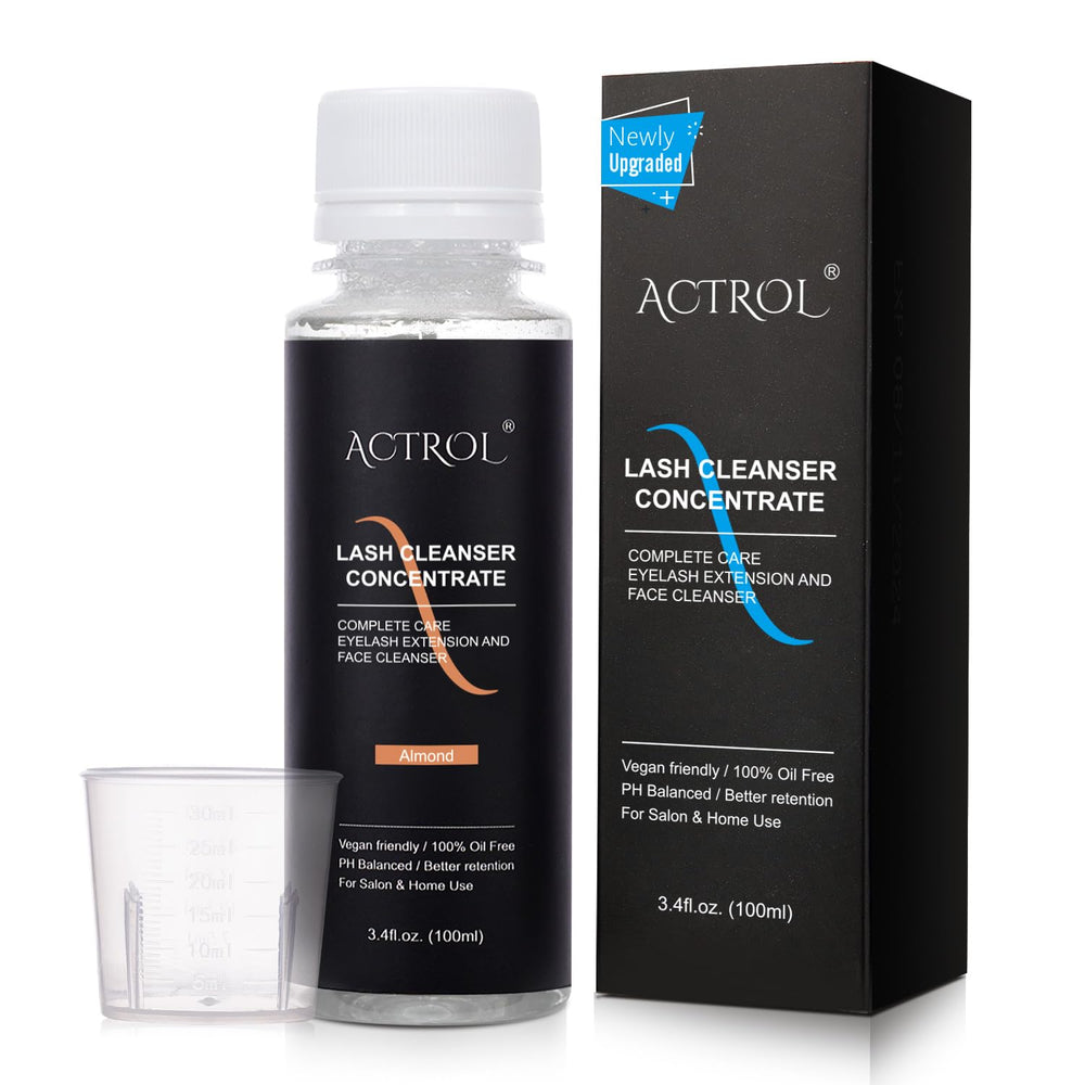 ACTROL eyelash cleanser concentrate bottle pour demonstrates controlled dispensing for easy dilution.