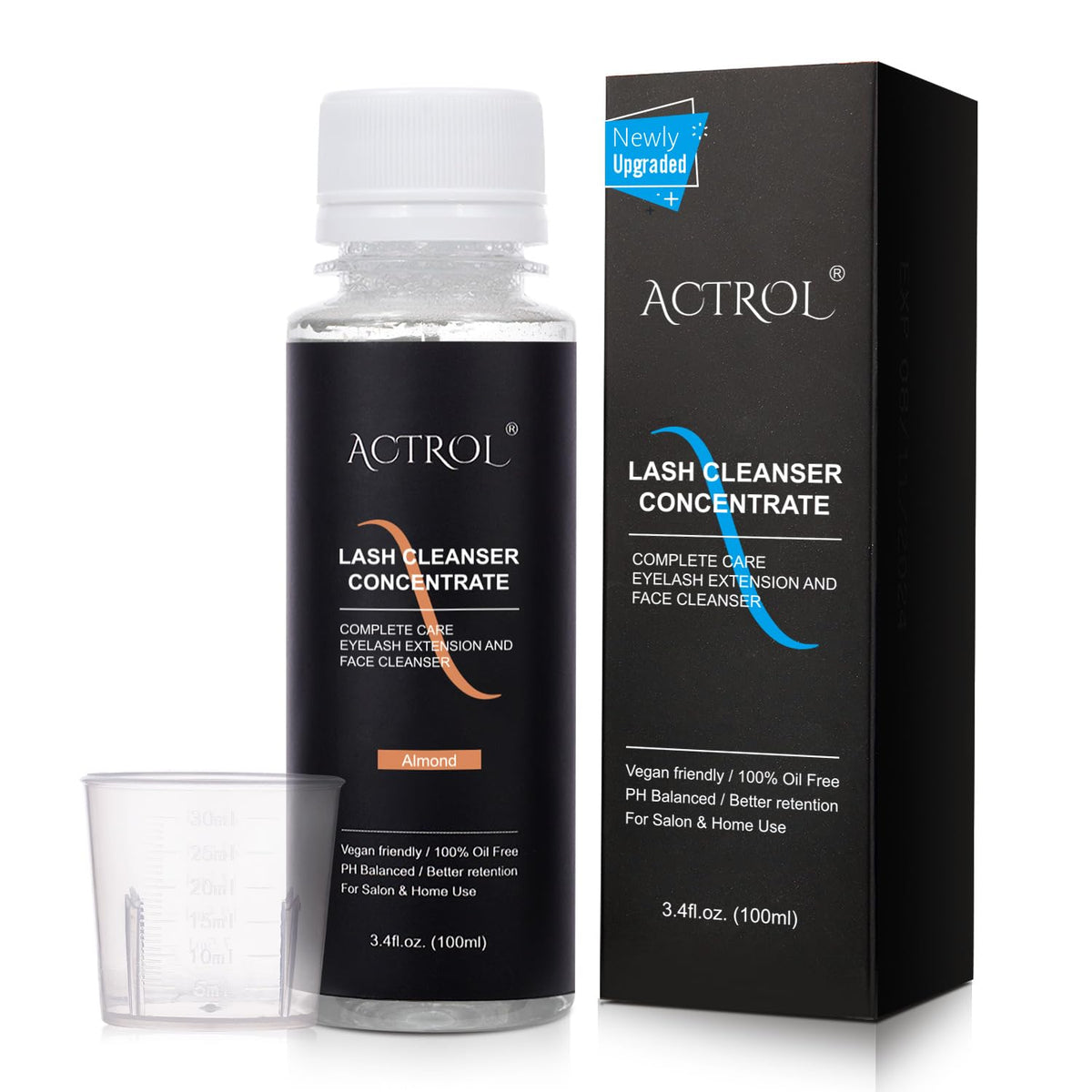 ACTROL eyelash cleanser concentrate bottle pour demonstrates controlled dispensing for easy dilution.