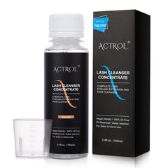 ACTROL eyelash cleanser concentrate bottle pour demonstrates controlled dispensing for easy dilution.