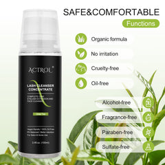 ACTROL Eyelash Cleanser Concentrate label close-up showing ingredients and dilution options