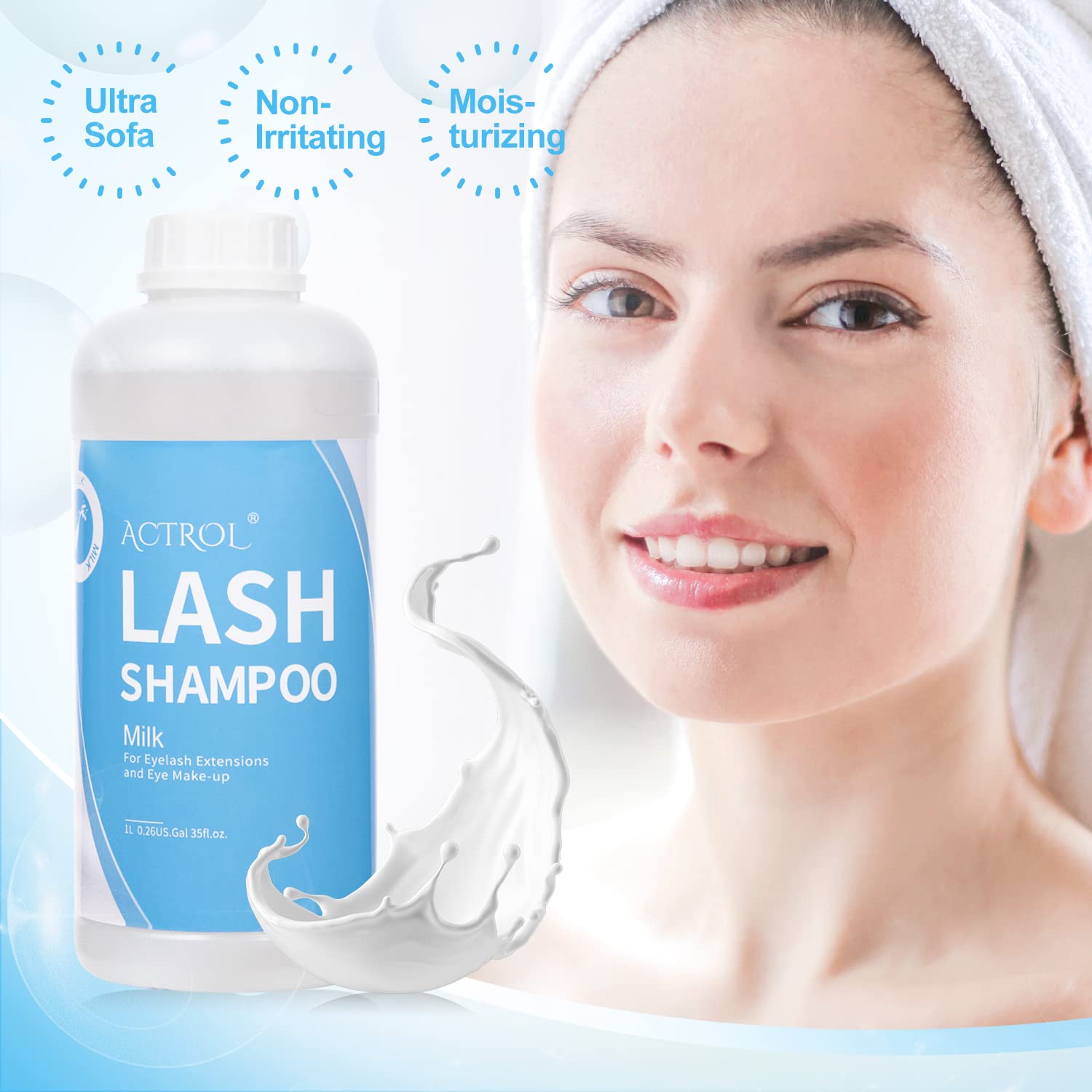 ACTROL Eyelash Cleanser Milk features hydrosol and plant-based ingredients.